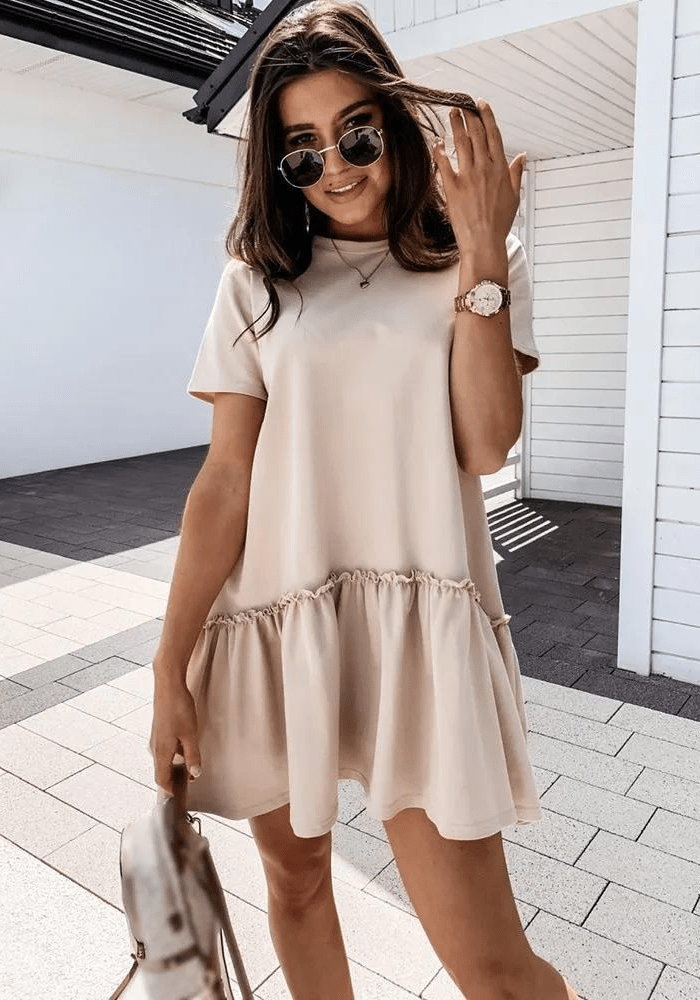 Robe trapèze beige courte femme