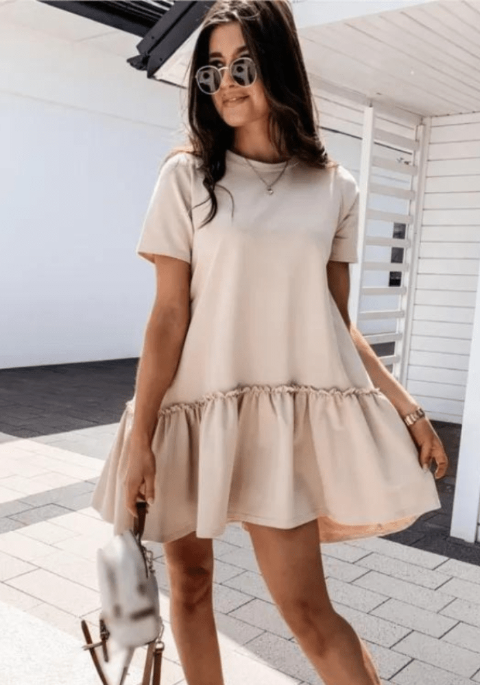 Robe trapèze beige courte femme