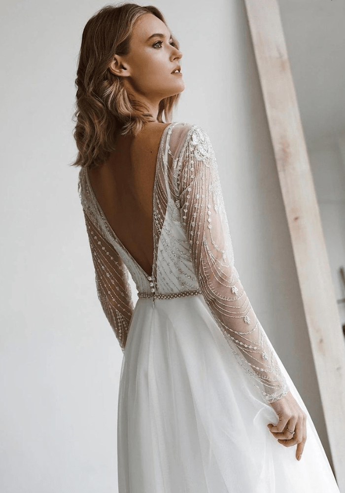 Robe trapèze mi-longue cérémonie de mariage