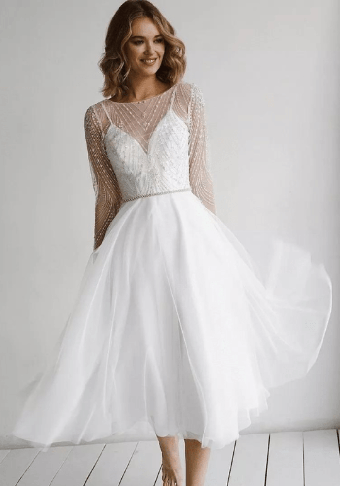 Robe trapèze mi-longue cérémonie de mariage