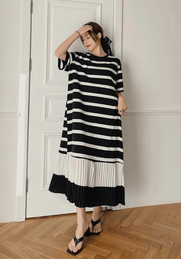 Robe trapèze mi-longue rayée grande taille