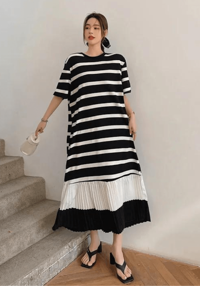 Robe trapèze mi-longue rayée grande taille